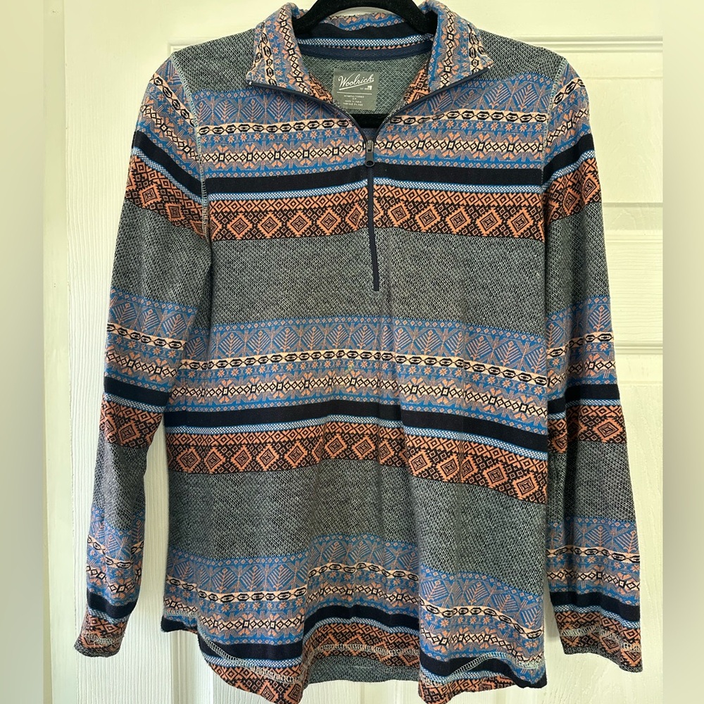 Woolrich Aztec Print Long Sleeve 1/4 Zip Pullover Women’s Small Blue Gray Orange